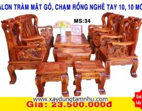 BỘ SALON GỖ TRÀM BÔNG VÀNG MẶT GÕ   - 10 MÓN  -CHẠM RỒNG NGHÊ   - TAY 10